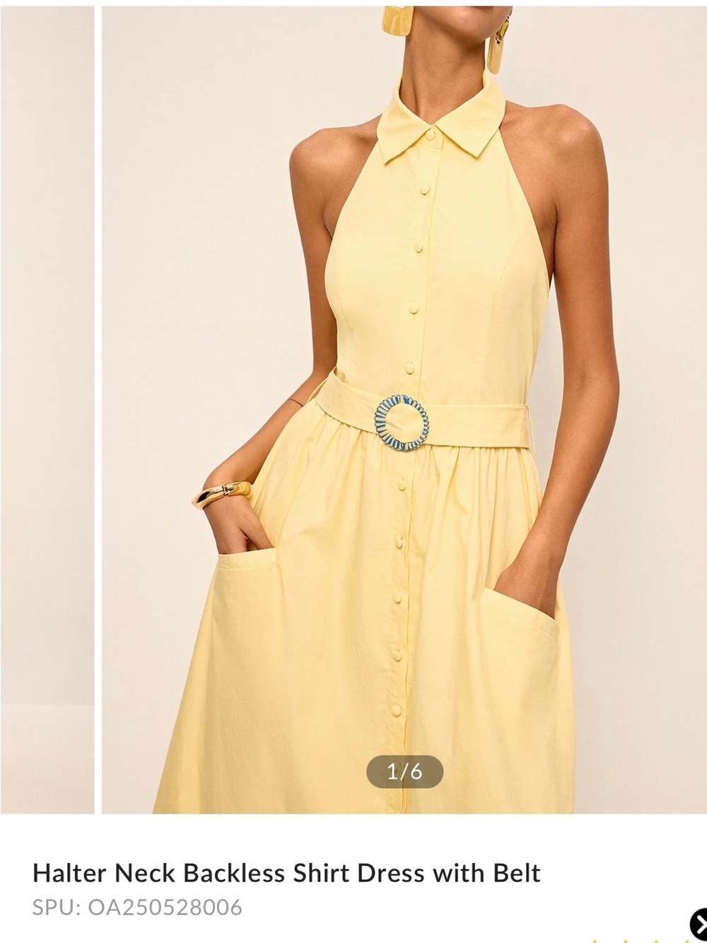 Commense Pale Yellow Halter Backless Shirt Dress with Belt- sold out online.